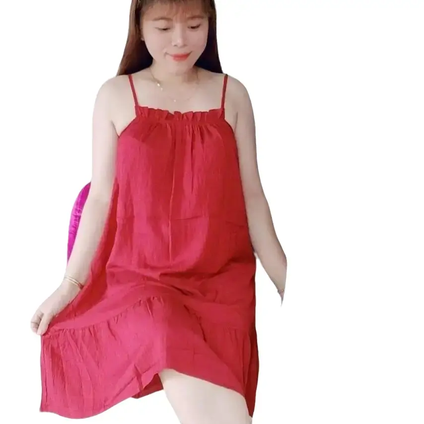 Váy nữ hai dây vải Đũi xốp mềm mát Freesize từ 40-60kg Đầm Women Dress Đỏ Khuy Umi