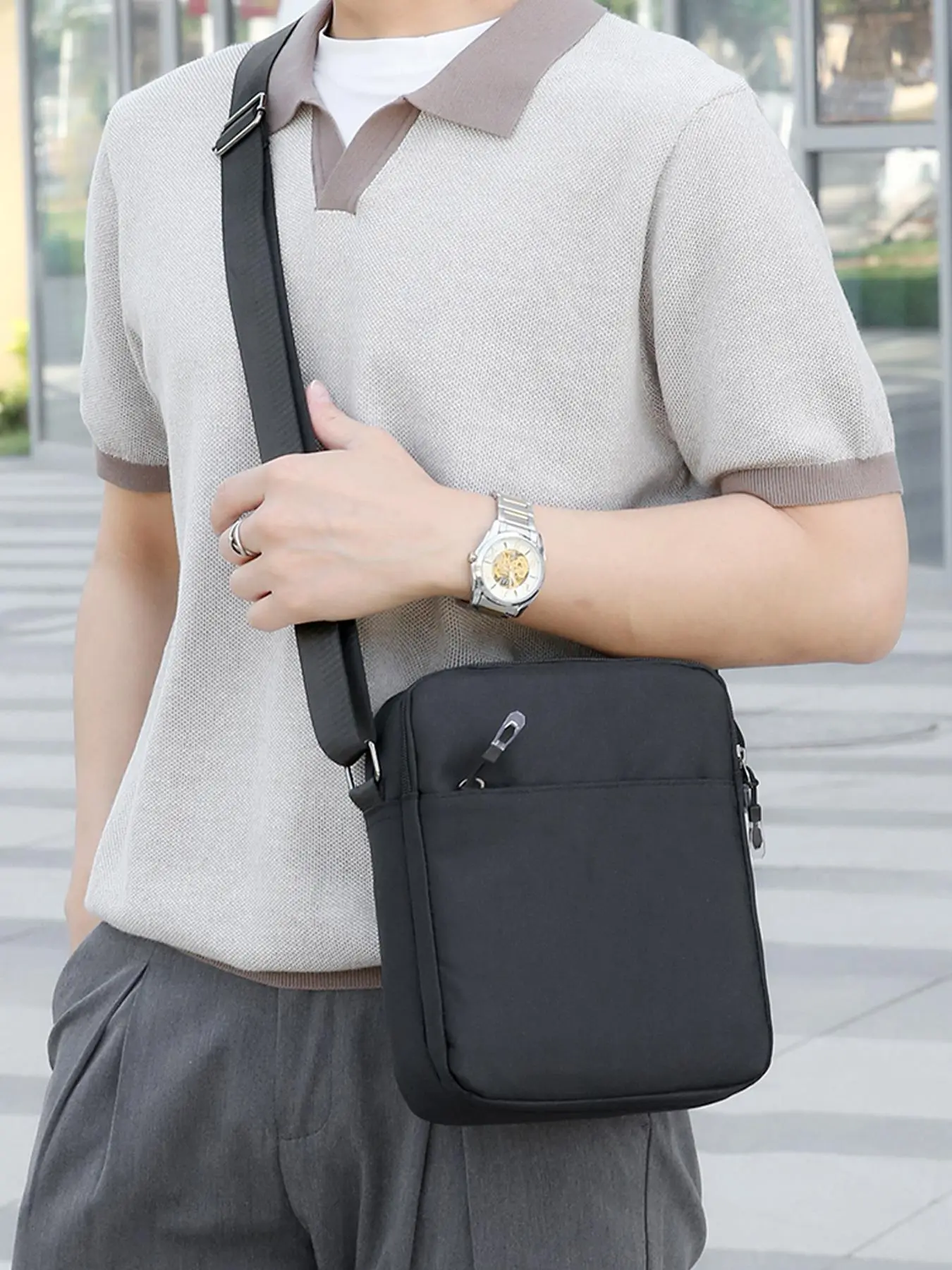 Men's Casual Plain Nylon Crossbody Bag, Simple Design Zipper Shoulder Bag, Fashionable Crossbody Bag for Daily Use