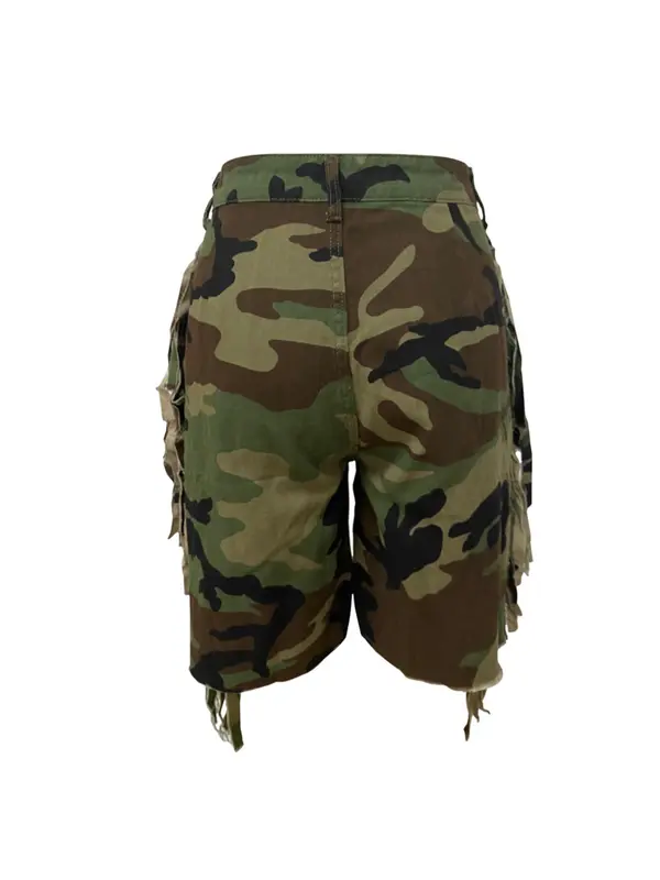 Women's Camo Print Fringe Trim Button Fly Shorts, Casual Pocket Design Shorts for Summer, Fashion Women's Bottoms for Daily Wear 1