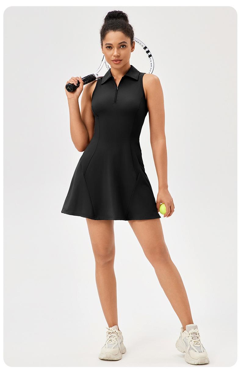 Product Introduction of Turn-down Collar One-piece Tennis Dress for Women, Quick-dry, Breathable, Waist-cinching, Color-blocking, Sports Casual Fitness Dressgym fitssport bra baggy compression clothes widelegsweatpants 12