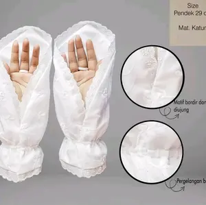 Sarung Tangan Umroh Wanita Putih Hitam Katun Bordir Karet Renda Untuk SHolat Gloves