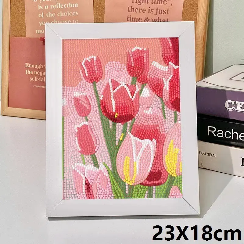 【With tools】DIY Tulip Flower Dia-mond Painting with Frame Tabletop Decor Educational Toy or Holiday Birthday Gift