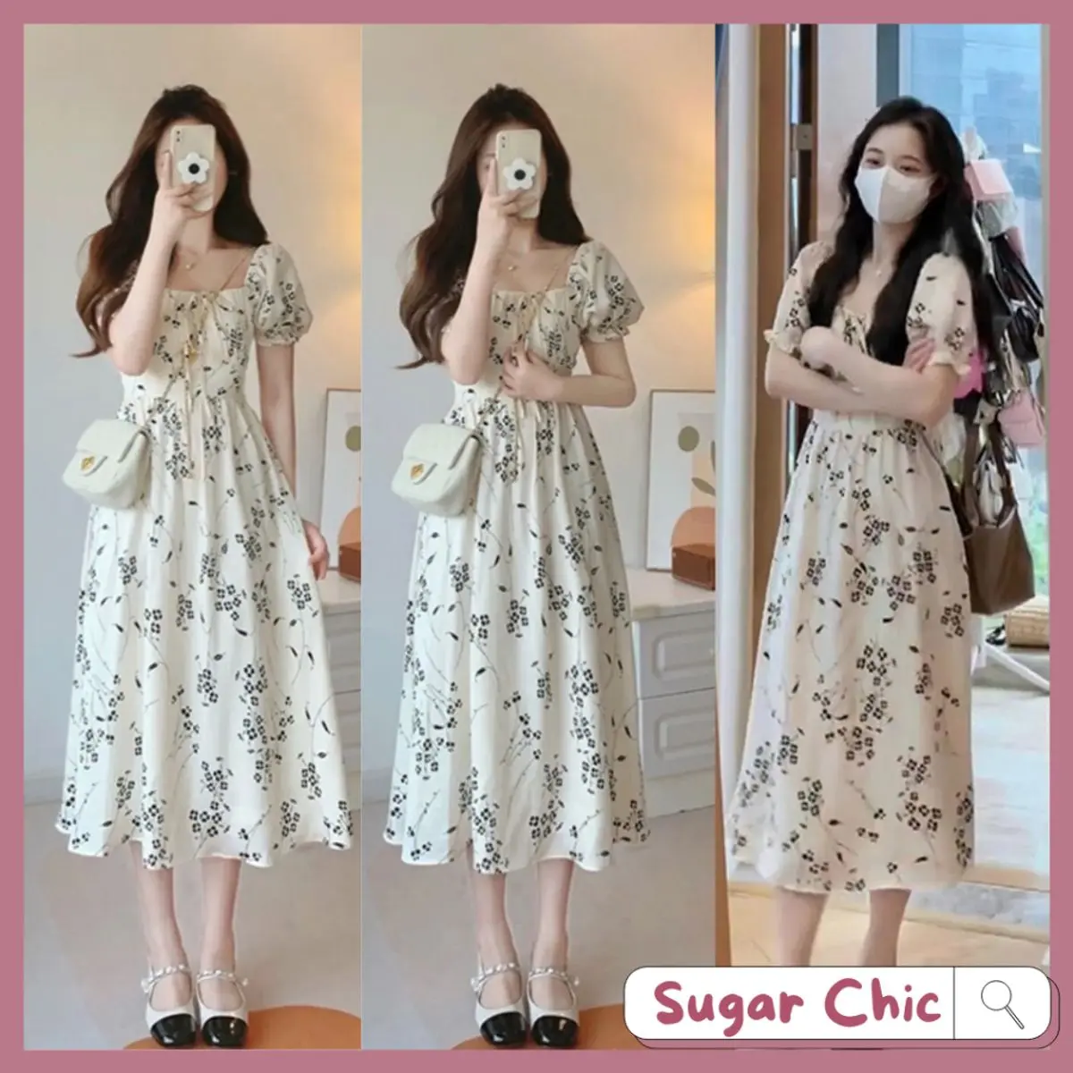 Váy babydoll dáng dài đầm xòe cổ vuông hoa nhí, Váy đầm nữ tay bồng dáng xòe họa tiết nhúm ᵰgực xᶖnh xắn đi biển