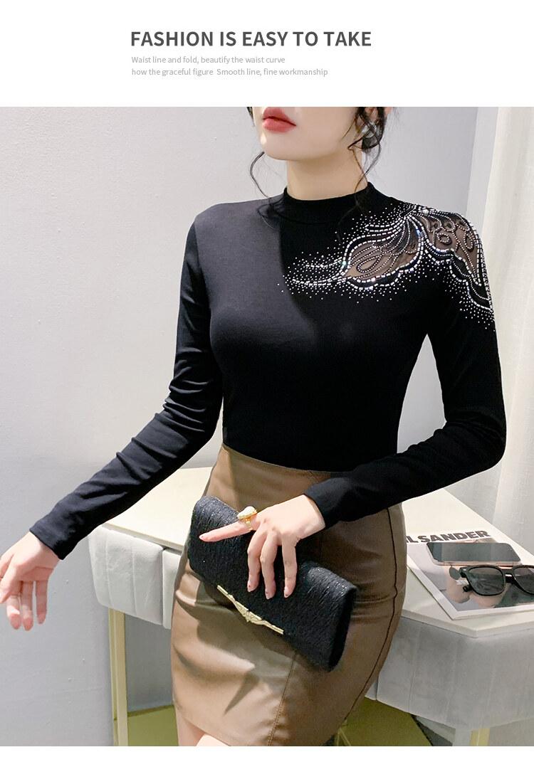 Product Introduction of Áo Sơ Mi Cơ Sở Cotton, Phong Cách Châu Âu, Dài Tay, Cổ Tròn, Thiết Kế khoét Ren Và Kim Cương Giả Màu Đỏ, Thời Trang, Thích Hợp Cho Mùa Xuân Và Mùa Hè, Áo Thun Nữ Đẹp, DL, Xu Hướng 2025 8