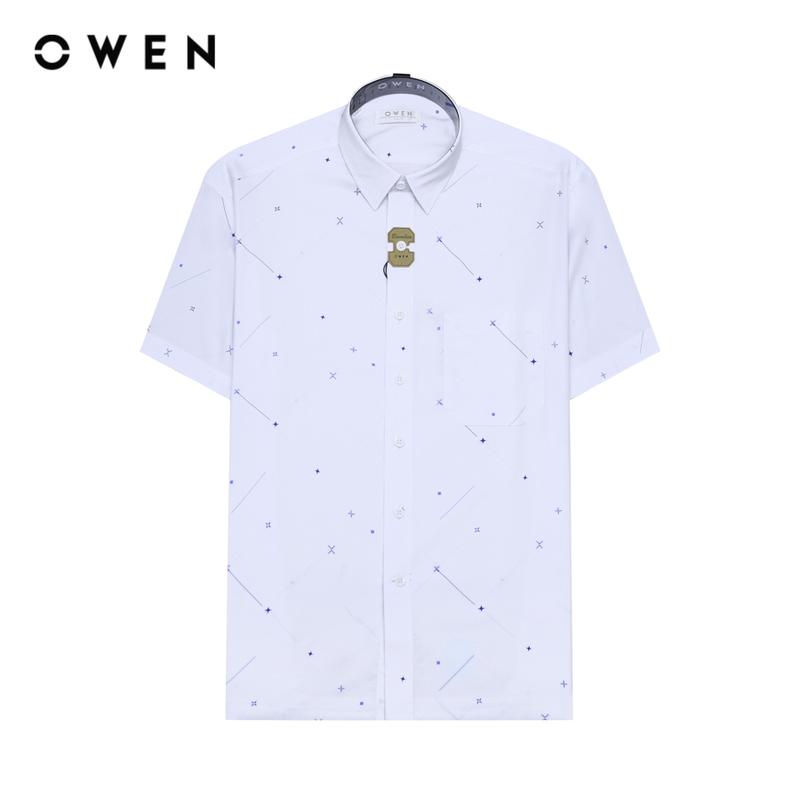  OWEN - Áo Sơ mi Nam ngắn tay Có túi Body Fit AB240702NT màu Trắng chất liệu Bamboo poly   Hoạ tiết In thêu Menswear 