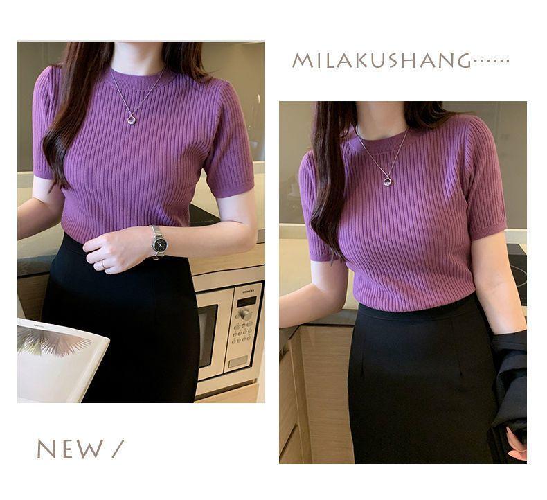 Product Introduction of Áo Dệt Kim, Dáng Ôm, Áo ngắn Tay, Áo Chui Đầu Nữ, Có Thể Mặc Bên Trong, Ngắn, Hàng Mới Về Mùa Hè 2024, Áo Sơ Mi Lớp Nền Cổ Tròn 8