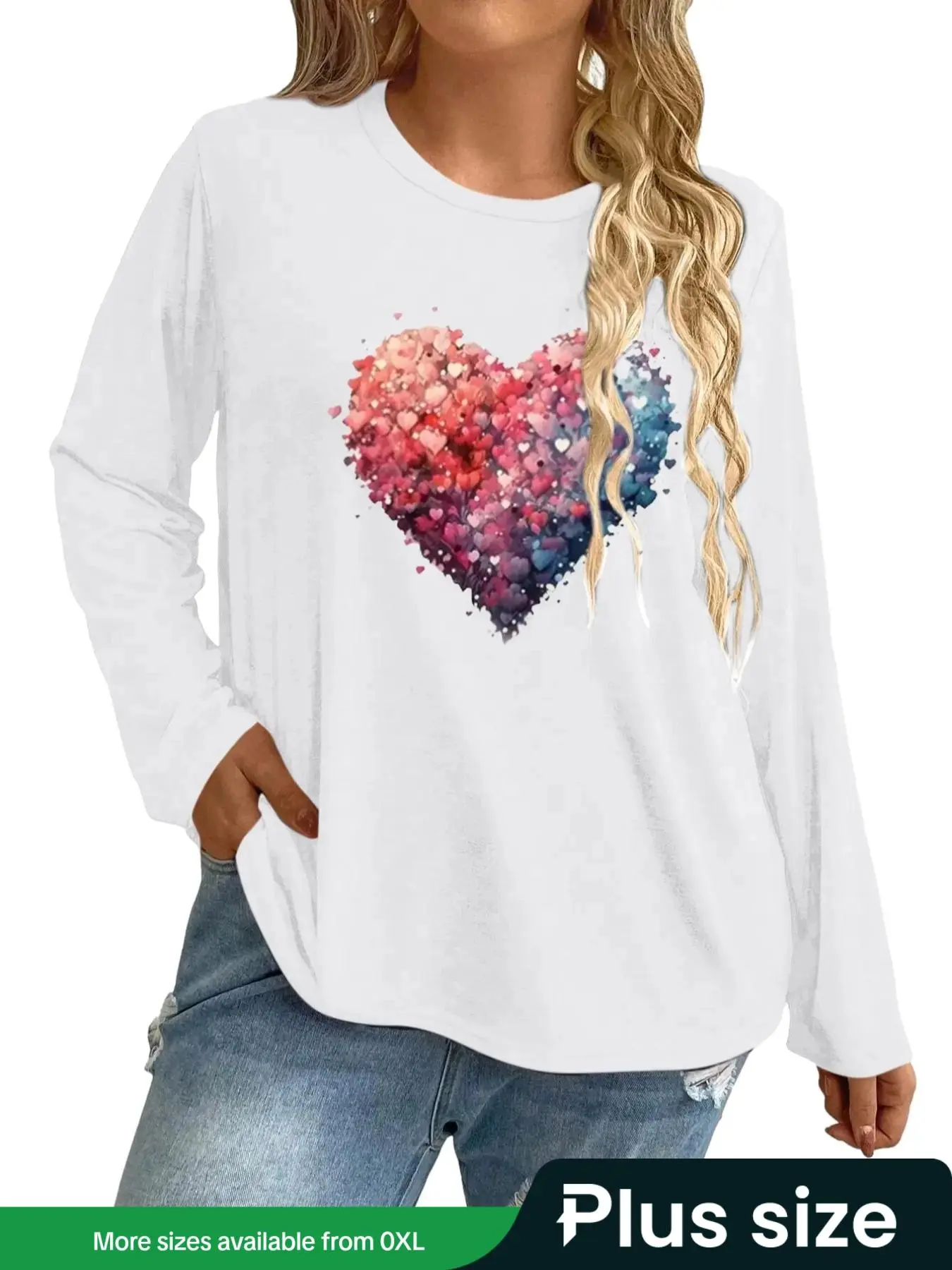【Plus Size】 Heart Print Round Neck Tee, Casual Long Sleeve Crew Neck T-shirt for Fall & Winter, Women's Clothing for Daily Wear Valentine's Day, gift