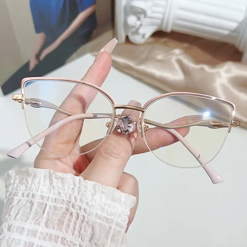 Vintage Metal Round Eyebrow Frame Ultra-light Cat Eye Myopia Glasses Fashionable Internet Celebrity Style Anti-blue Light Half-frame Glasses 3