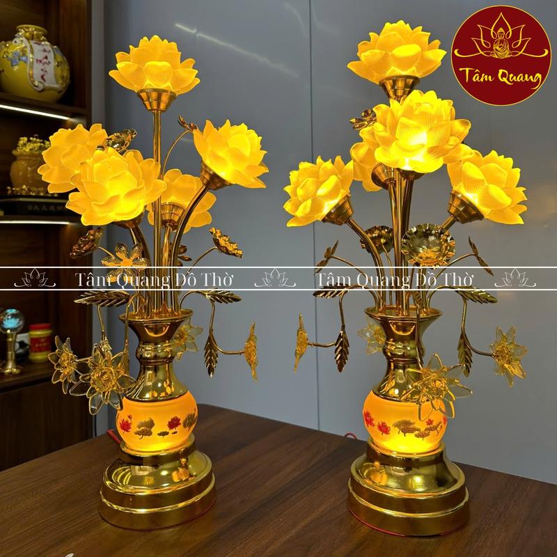[ 1 Đôi ] Đèn Thờ Lưu Ly 5 Bông Rủ Chân Đế Màu Vàng Bầu Sen Sáng Cao 60cm - 70cm - 80cm dendecor bảng  led