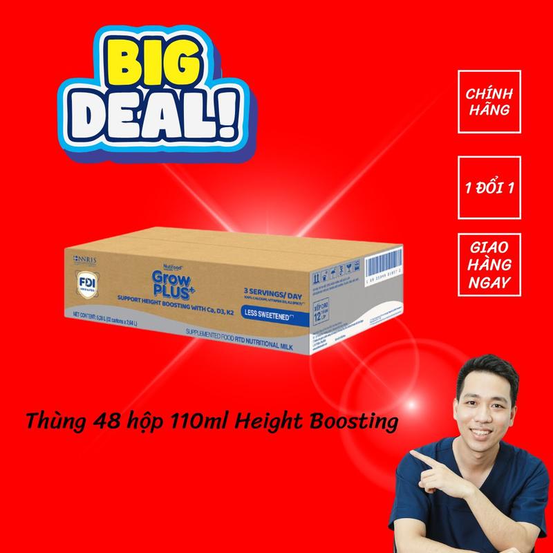 Độc Quyền KOC Thùng 48 hộp Nutifood Grow Plus+ Height Boosting bạc sữa nước công thức phát triển chiều cao 110ML - 2 thùng 24 hộp