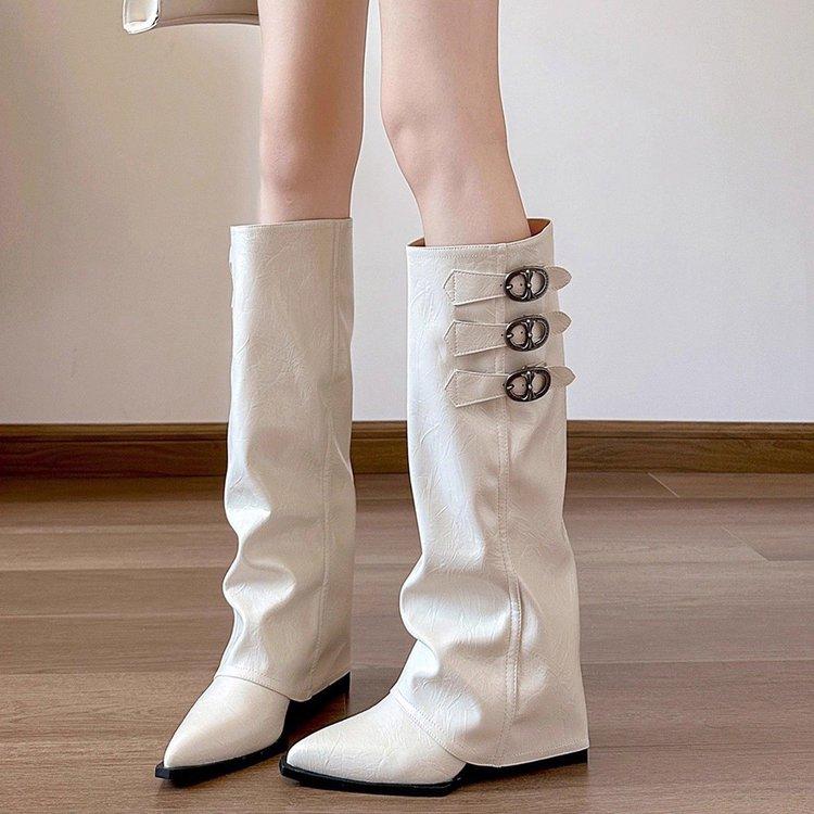  Bốt cao gót mũi nhọn thời trang kiểu dáng mới bằng da lộn gót vuông cho nữ phong cách casual dễ phối đồ SS24 