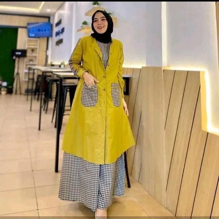 Product Introduction of Baju Gamis Wanita Muslimah Ahza Set Linen Rami Mix Katun Kotak Kotak Dress Set Outer Kardigan Busui Kancing 4