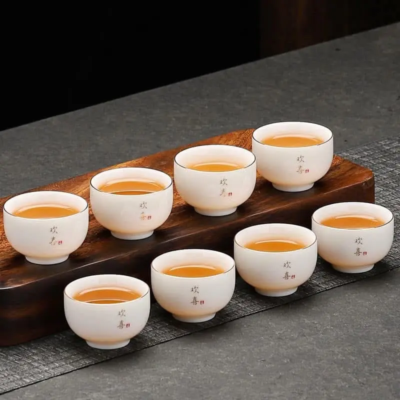 Chén Trà Sứ Đức Hoá Trắng Cao Cấp, Chén Trà Đạo Thấu Quang Hoạ tiết thư pháp.