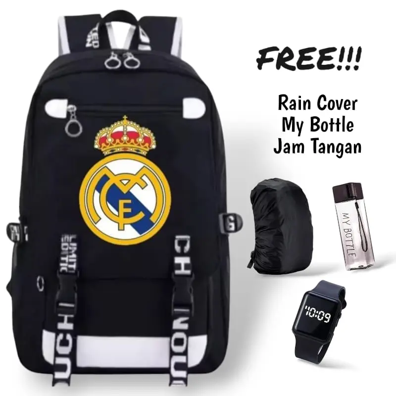 HS - TAS RANSEL SEKOLAH ANAK LAKI LAKI PEREMPUAN REAL MADRID TAS ANAK SEKOLAH PAUD TK SD FASHION TAS ANAK LAKI LAKI FREE JAM LED MY BOTTLE BANYAK BONUSNYA