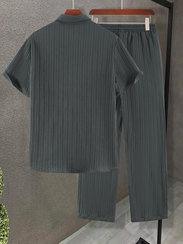Men's 2pcs Button Front Shirt & Drawstring Pocket Pants Set without Tee & Necklace, Casual Short Sleeve Collar Shirt & Elastic Waist Trousers, National Day Clothing, Men's Two-piece Outfits for Summer 6