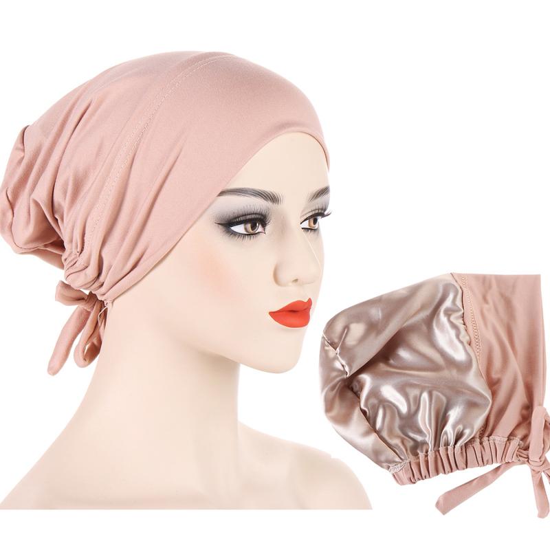 Product Introduction of Instant Hijab Muslim Tudung Inner Hijab New Multi-color Satin Cloth Drawstring Pullover Cap Base Cap Strap Tether Cap 12