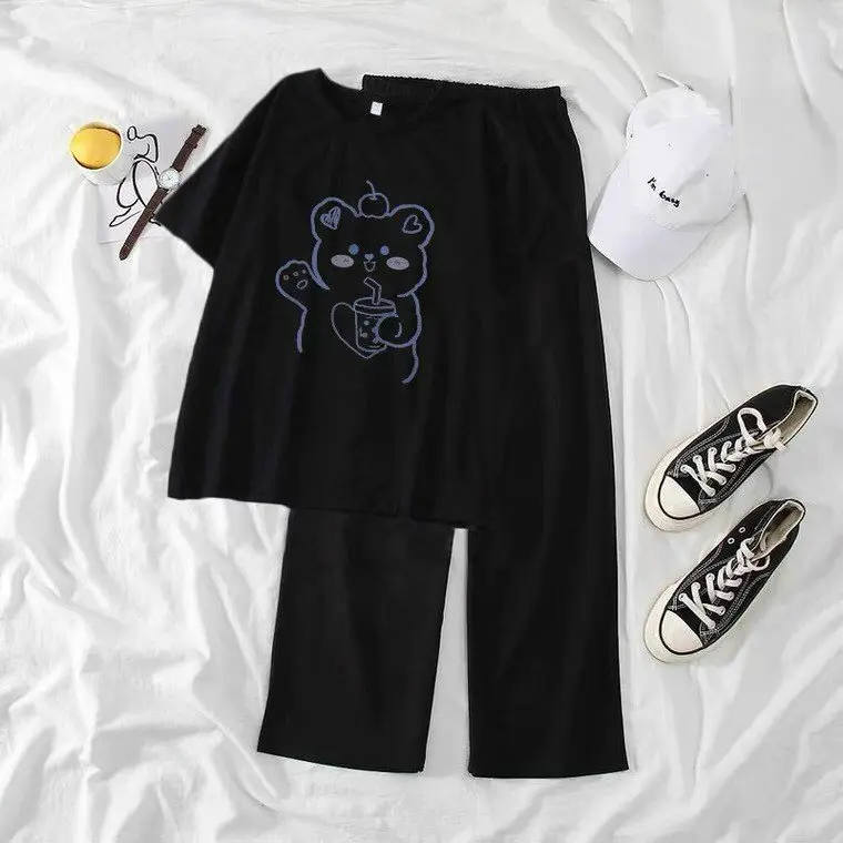 Sét Áo phông in gấu trà sữa + quần suông đen, chất đẹp mặc không xù, thiết kế cá tính. Menswear Nam