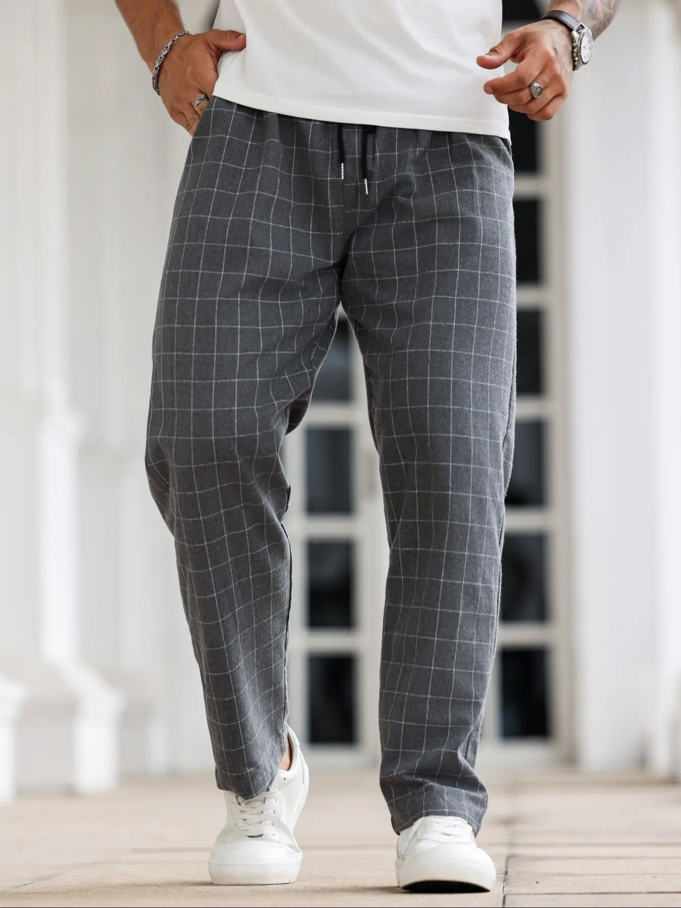 Men's Plaid Print Drawstring Waist Straight Leg Pants, Regular Fit Casual Comfy Pocket Trousers for Daily Wear, Men's Bottoms for All Seasons