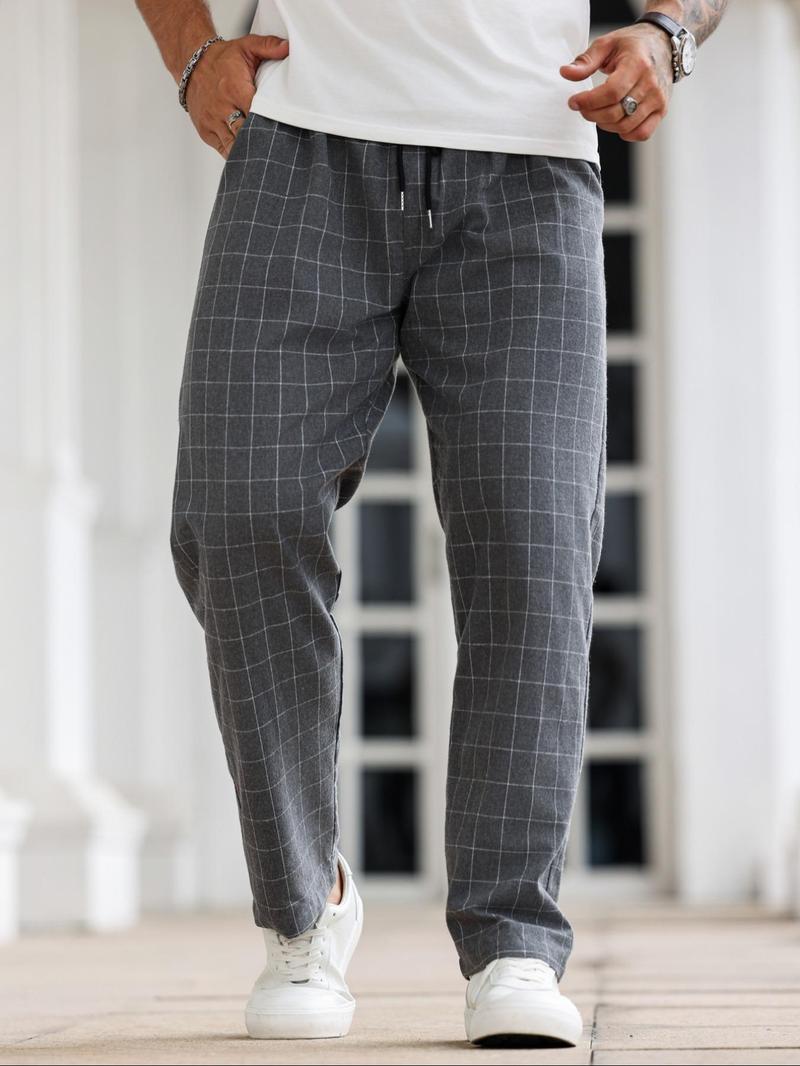 Product Introduction of Men's Plaid Print Drawstring Waist Straight Leg Pants, Regular Fit Casual Comfy Pocket Trousers for Daily Wear, Men's Bottoms for All Seasons 1