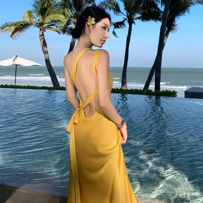 Đầm vàng thời thượng satin dự tiệc | 1373 1