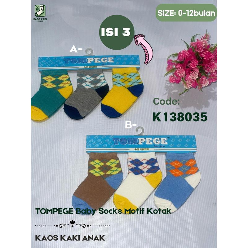 Kaos Kaki Anak Paket Isi 3pcs Pendek Warna-Warni Motif Umur 0-12 Bulan | Tompege Baby Socks | Kos Kaki 0