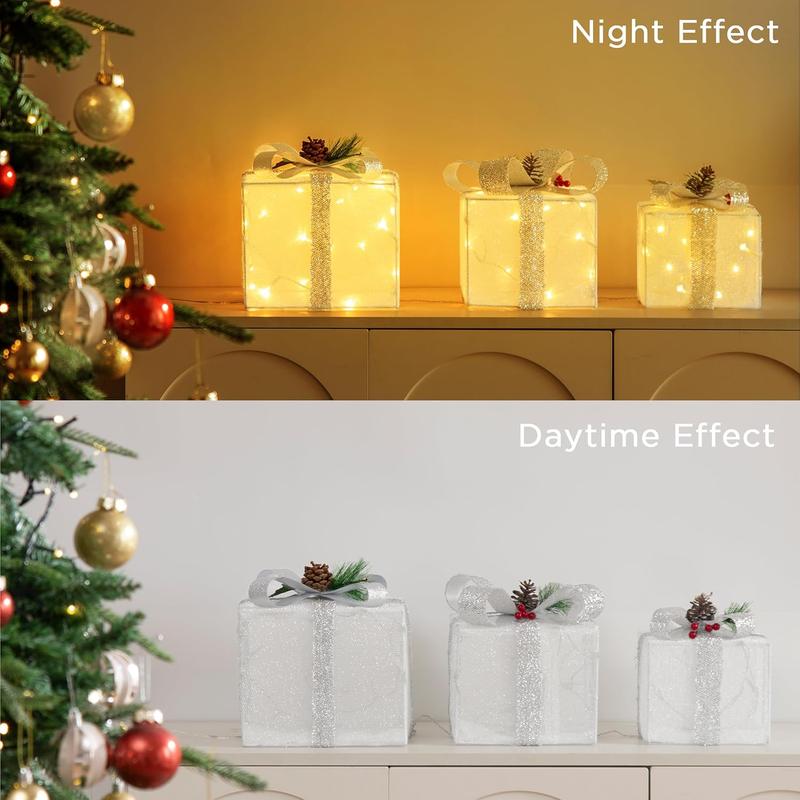 Product Introduction of Christmas Lighted Gift Box, 3 Counts/set Battery Powered LED Light Gift Box (without Battery), Decorative Light for Home Party Wedding Festival, Stocking Filler 2