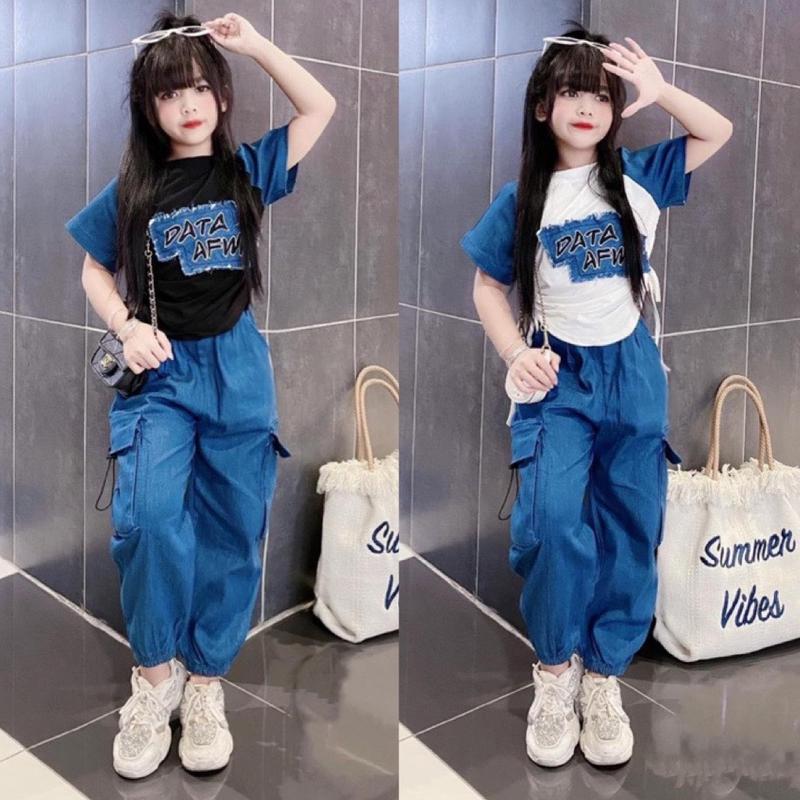 15-45KG SÉT ĐỒ CHO BÉ GÁI QUẦN JEAN TÚI HỘP PHỐI TAY ÁO JEAN 2 màu