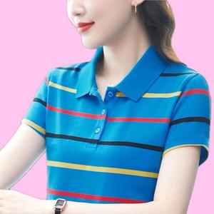 Korean New Style Rainbow Polo Shirt Casual Fashion Sport Short Sleeve Women Lapel T-shirts Plus Size Polo Collar Ladies Stripe Tees