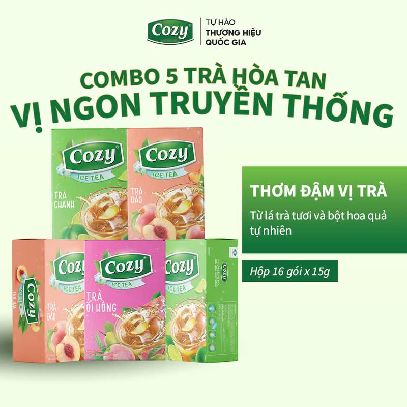 Combo 5 Trà Hòa Tan Cozy Tea Gồm 2 Trà Đào, 2 Trà Chanh, 1 Trà Ổi Hồng Vị Chua Ngọt Thức Uống Giải Khát Và Giải Nhiệt Cho Mùa Hè Nước Trà Thơm, Chè Sạch Tươi Nguyên Chất