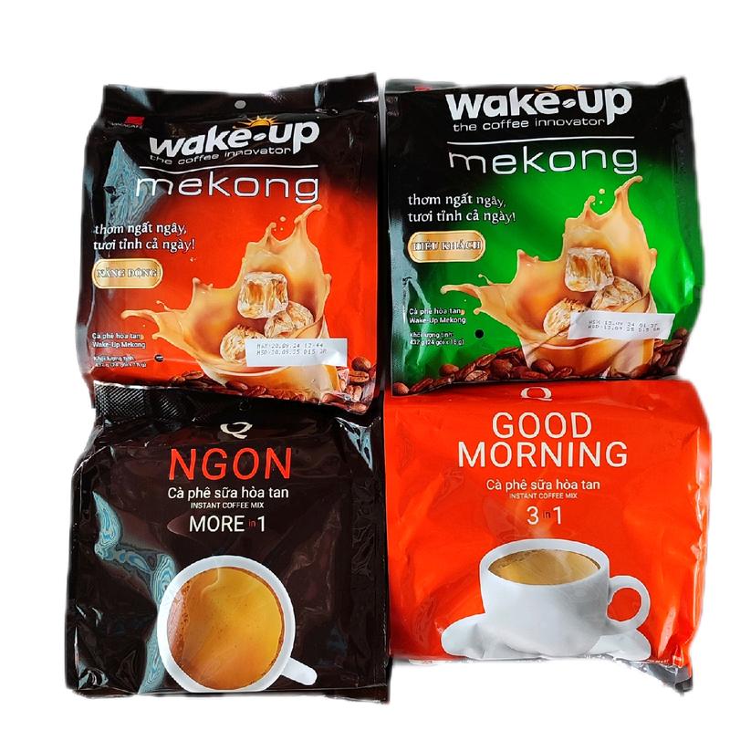 Combo 4 bịch cà phê sữa gồm có 4 loại 1bịch cafe sữa ngon trần Quang 24ống/bịch+1bịch cà phê goodmorning 3in1 trần Quang 24ống/bịch+1 bịch cafe wake up Mekong Hiếu khách 24ống/bịch+1 bịch cafe wake up Mekong năng động 24ống/bịch Coffee cafe latte nova bấm