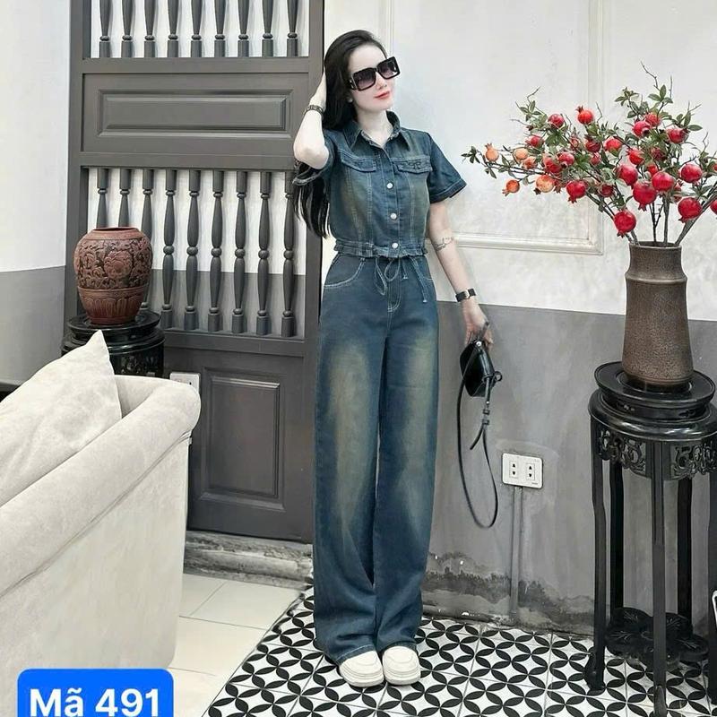  Set Áo Bò Cộc Tay Cạp Áo Có Chul + Quần Khóa Suông Mềm - Mã 491 Nữ Women 