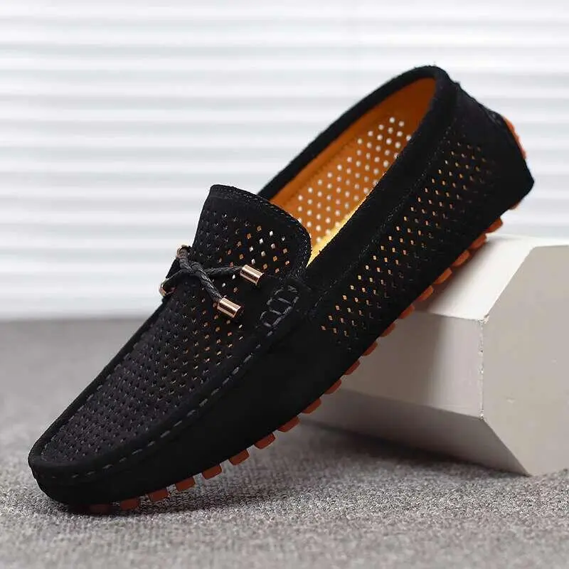 2025 new style driving summer breathable bean men's leather one foot lazy shoes, hollowed out leisure shoes