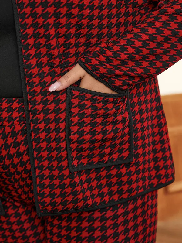 CURVZY Plus Size Two-Piece Set Houndstooth Print Pocket Top & Pants, Casual Long Sleeve Open Front Outerwear & Pocket Trousers for Daily Wear, Women's Two-piece Outfits for Spring & Fall 5