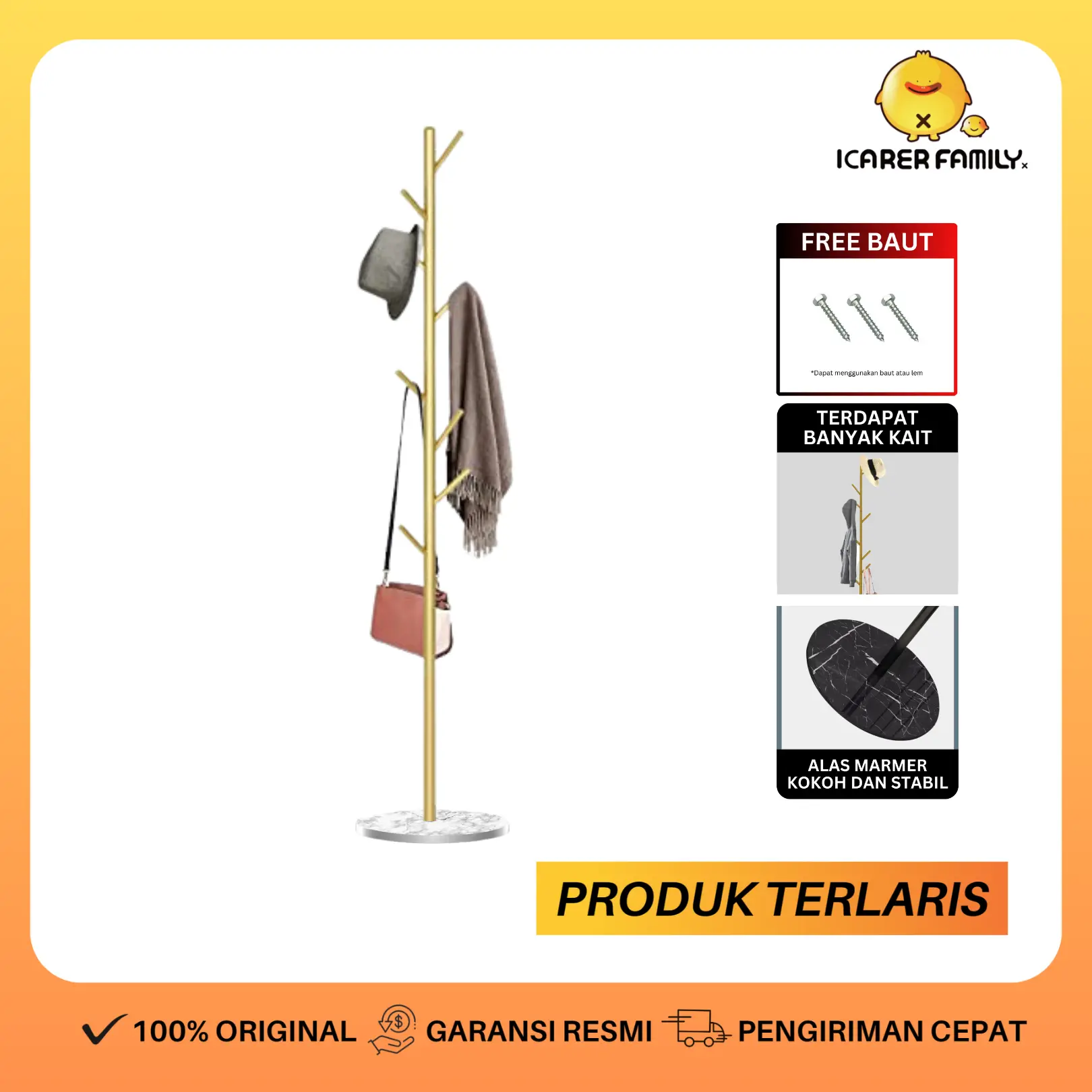Icarer Family Gantungan Baju Topi Tas Marmer 9 Kait Bulat Besi Tahan Karat Gold Anti Karat Anti Karat