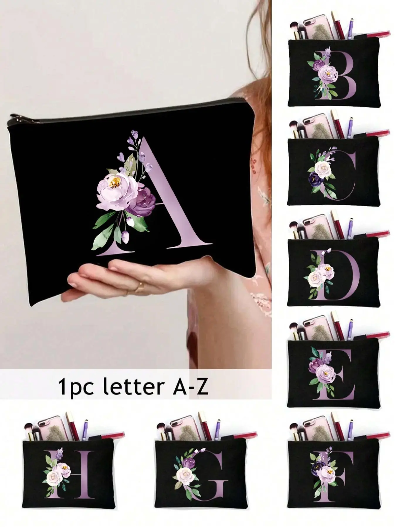 Floral & Letter Pattern Makeup Bag, Fashion Cosmetic Storage Bag, Zipper Makeup Organizer Pouch, Versatile Storage Bag for Travel & Daily Use