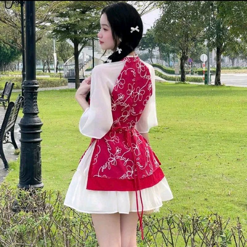 SÉT ÁO DÀI CÁCH TÂN THÊU HOA ĐÍNH NƠ KÈM CHÂN VÁY XÒE TRẺ TRUNG MẶC TẾT SIÊU XINH CÓ 3 MÀU,3 SIZE S,M, Nữ Tre Top tết Women 7