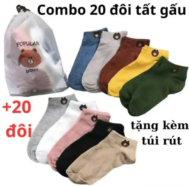 COMBO 20 đôi tất vớ nữ cổ ngắn hình gấu kute , tặng mè túi rút ,chất mềm mại , thoáng mát 0