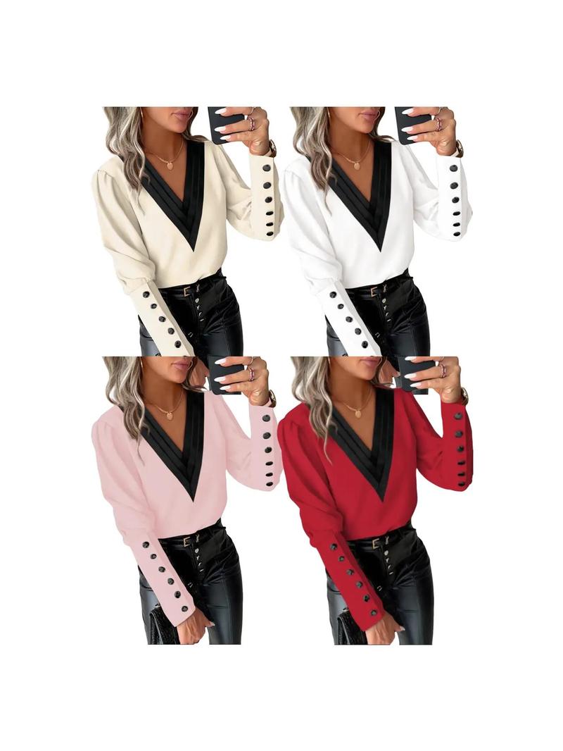 Product Introduction of Women's Patchwork Print Button Leg-of-mutton Sleeve Blouse, Elegant V Neck Long Sleeve Top for Work Office Business, Ladies Clothes for All Seasons， Going Out Tops 15