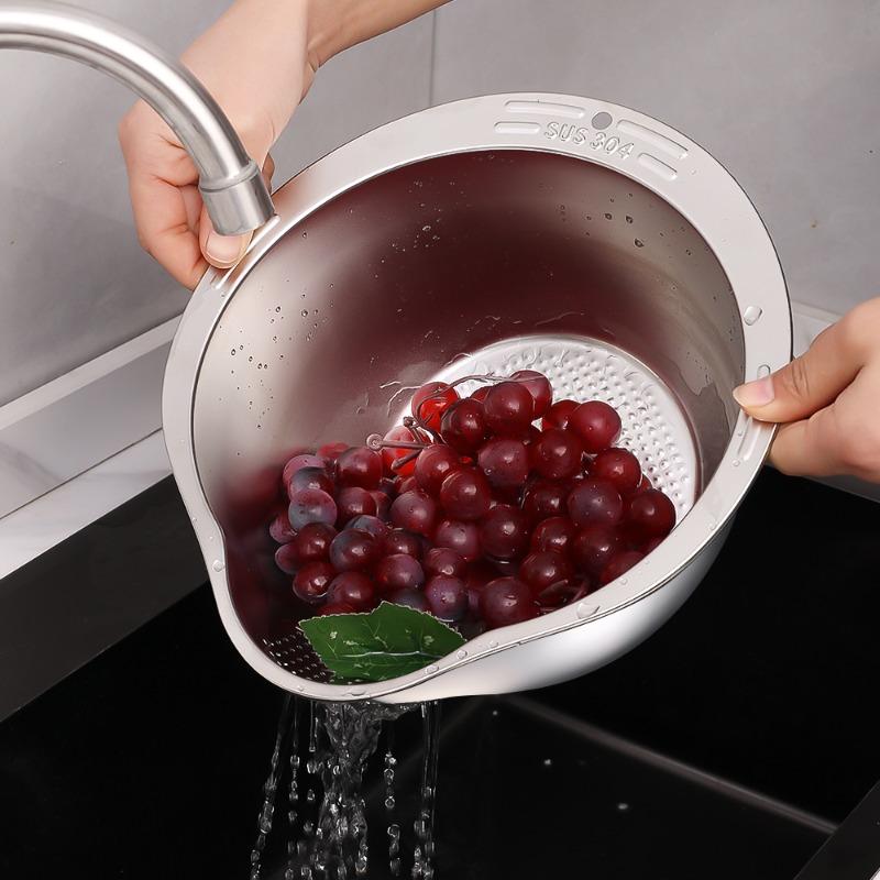 Rice Washer Strainer Bowl with Sucker Stainless Steel Rice Washing Bowls Rice Sieve Colander Fruit and Vegetable Strainer Kitchen Tools 0