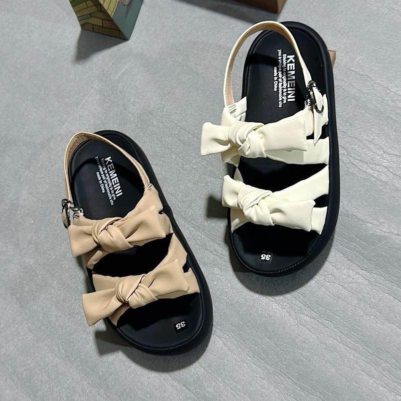 Sandal Nữ quai nơ cột đế cao 5cm da mềm êm nhẹ chân mũi tròn màu nâu/kem/đen 1