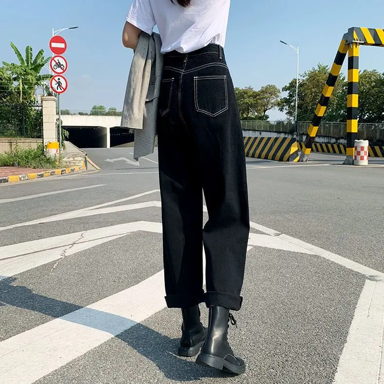 Quần Jean Ống Rộng, Màu Đen, Cạp Cao, Dáng Rộng Vừa Vặn, Bó Sát, Quần Cropped Xén, Dành Cho Nữ, Thích Hợp Cho Học Sinh, Phong Cách Hàn Quốc, Dễ Phối Đồ 1