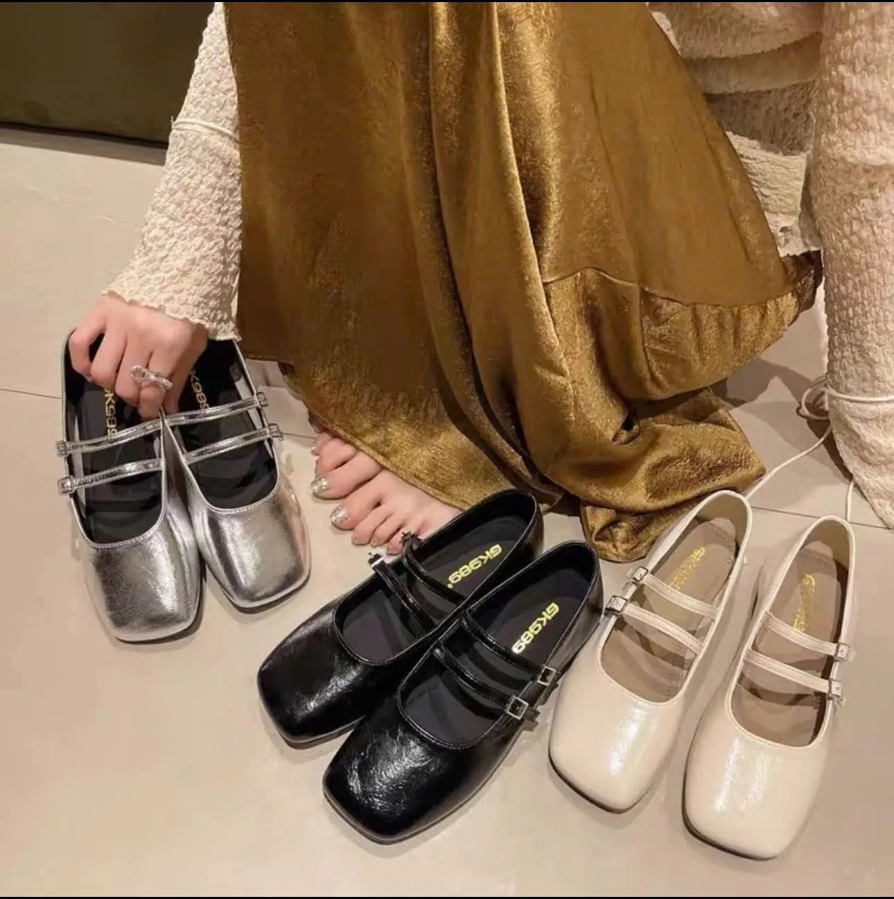 Giày búp bê nữ Mary Jane M11 đế bằng mũi vuông 2 quai khoá kiểu dáng Hàn Quốc