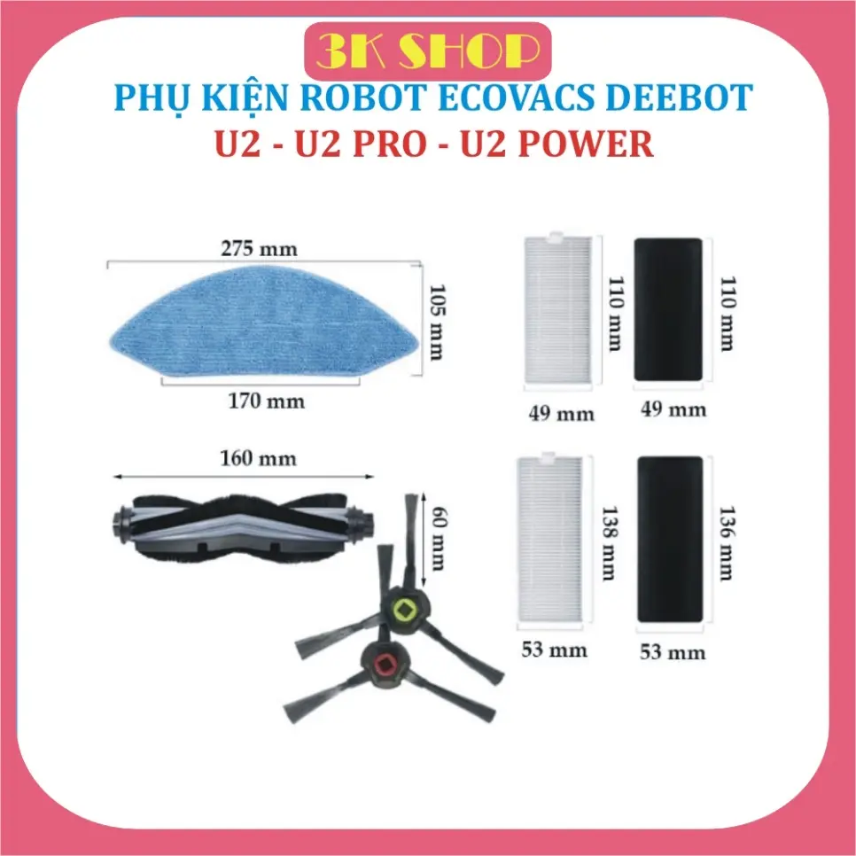 Phụ kiện Khăn, Giẻ, Lọc hepa, Chổi cuộn, Chổi Chính, Chổi cạnh Robot hút BỤI U2, U2 Pro
