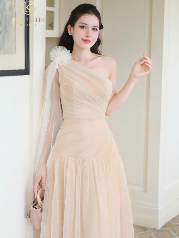 [Kiều Linh]-Váy Maxi Dự Tiệc Thiết Kế Lệch Vai KL281 chất liệu Lưới cao cấp, 2 Lớp Lót, Giấu Đường May, kết Hoa vai 1
