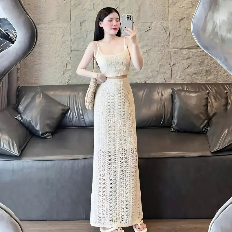 Set đồ nữ áo ren 2 dây có mút ngực phối chân váy dài lưới có lót trong xinh xắn cho nàng diện đi chơi, đi biển 1