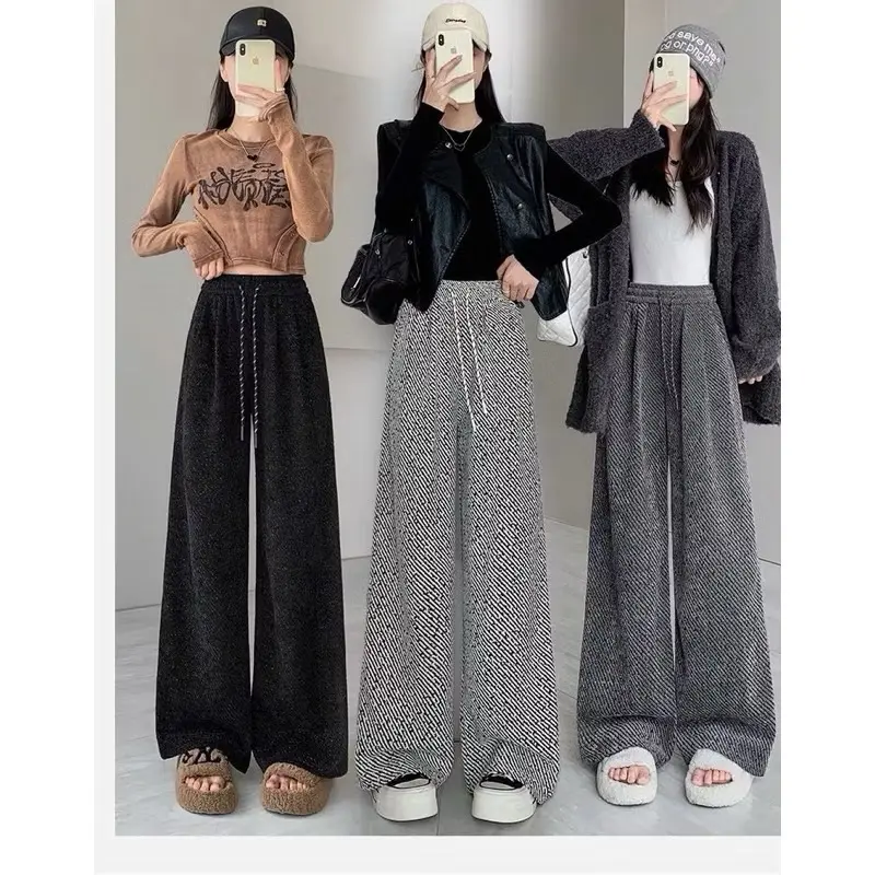 Quần Dạ Nhung Kẻ Chéo Ống Suông Bản Cạp Lưng Chun Pants Women Ong