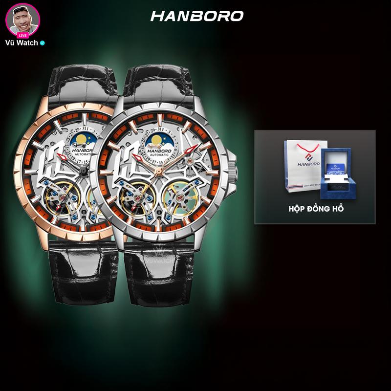 Đồng Hồ Cơ HANBORO 908 - DÂY DA  [3638] Chính Hãng | Tặng 1 lần thay kính