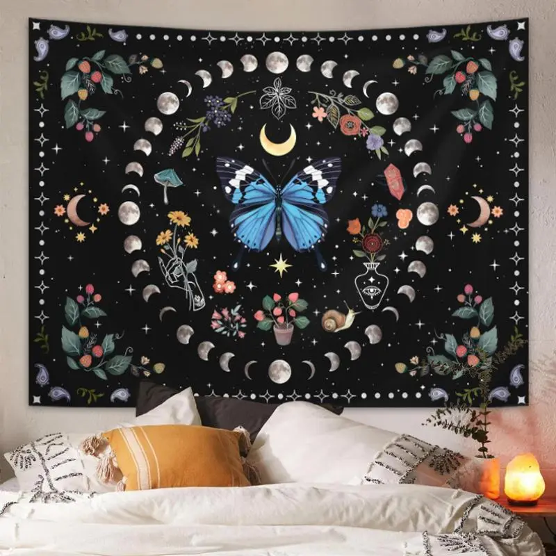 Wall Tapestry, 1 Count Summer Bohemian Style Butterfly Flower Moon Phase Print Tapestry, Wall Hanging Decor for Bedroom Living Room Home Decor 0