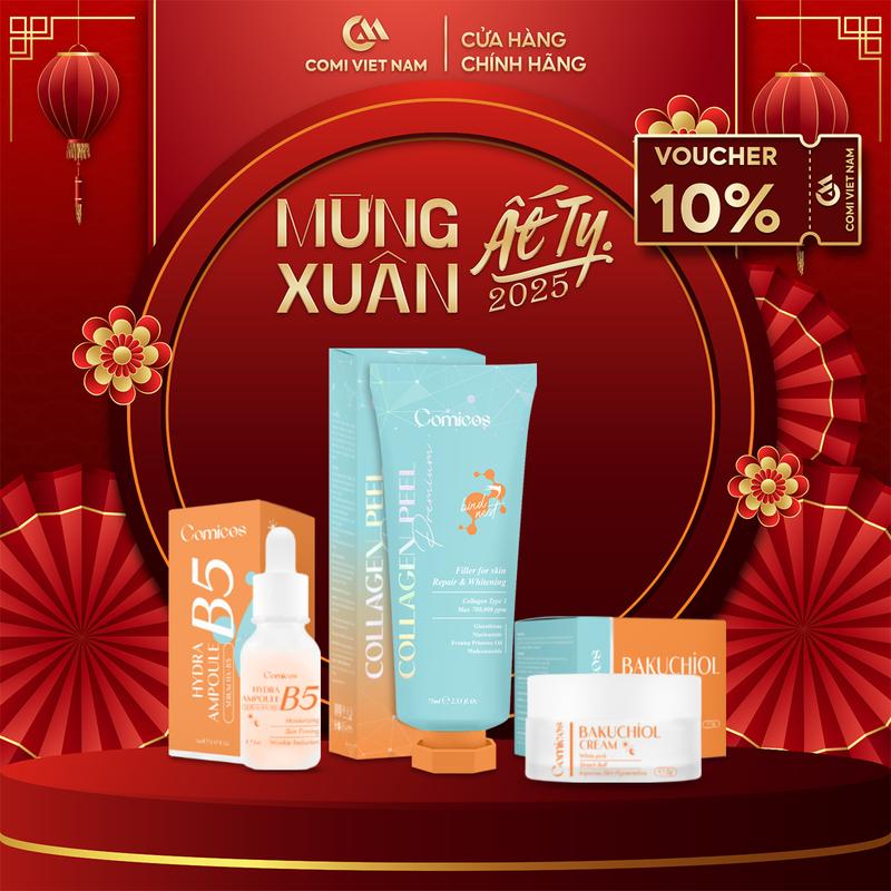 [MUA 1 ĐƯỢC 3] Combo hỗ trợ chăm sóc da mặt ComiCos: Peel Collagen 4K(75ml) + Serum B5 HA(5ml) + Kem Face Huyết Yến Bakuchiol(5g). Hỗ Trợ Dưỡng Da Mặt.
