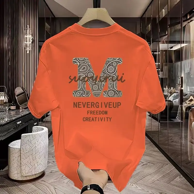 Short Sleeve T-shirt Men's Fashion Brand Summer Loose Half Sleeve 2024 New Internet Hot Fashionable Ins Simple Printed Top round Neck Short Sleeve